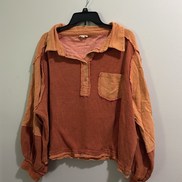 POL Pumpkin Spice Striped Cropped Oversized Button Down Top - Picture 4 of 9